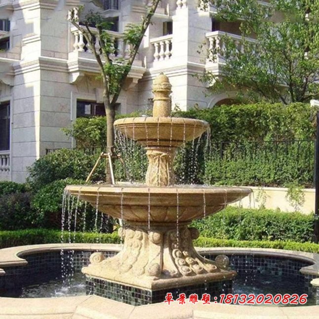 晚霞红多层喷泉小区景观石雕 