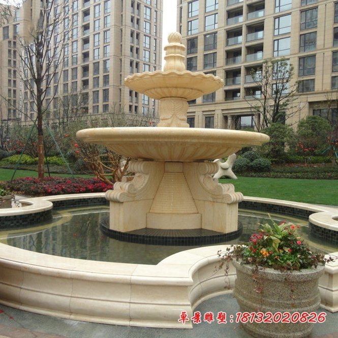 晚霞红多层喷泉小区景观石雕 