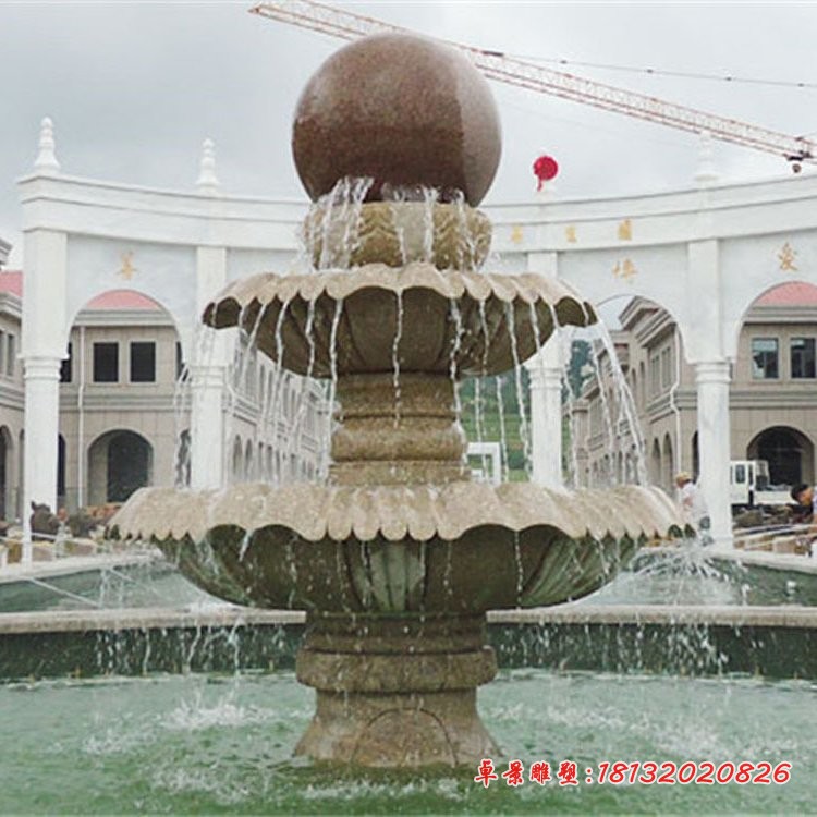 晚霞红风水球喷泉多层喷泉石雕 
