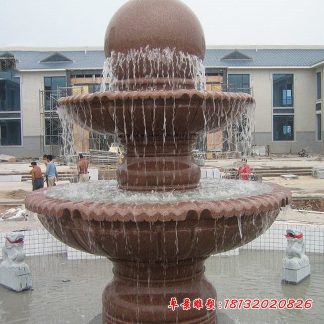 晚霞红风水球喷泉多层喷泉石雕 