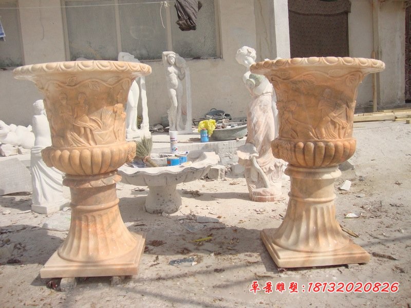 晚霞红花盆石雕公园景观雕塑