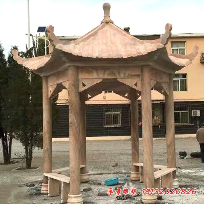 晚霞红六角凉亭石雕园林景观雕塑 
