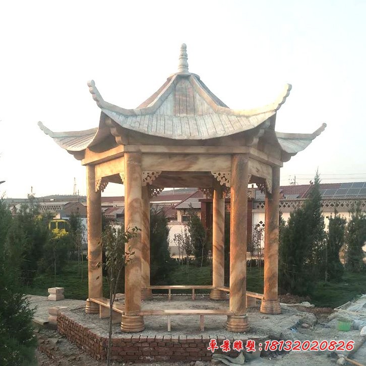 晚霞红六角凉亭石雕园林景观雕塑 