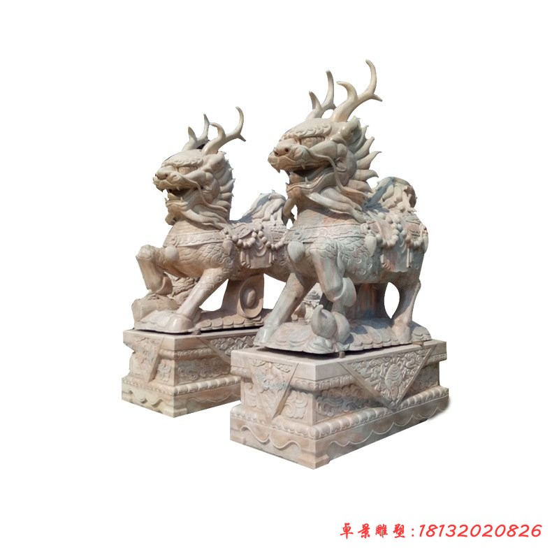 晚霞红麒麟石雕企业景观雕塑 