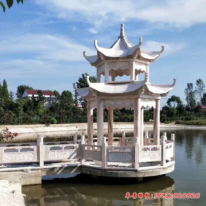 晚霞红石凉亭海边景观石雕