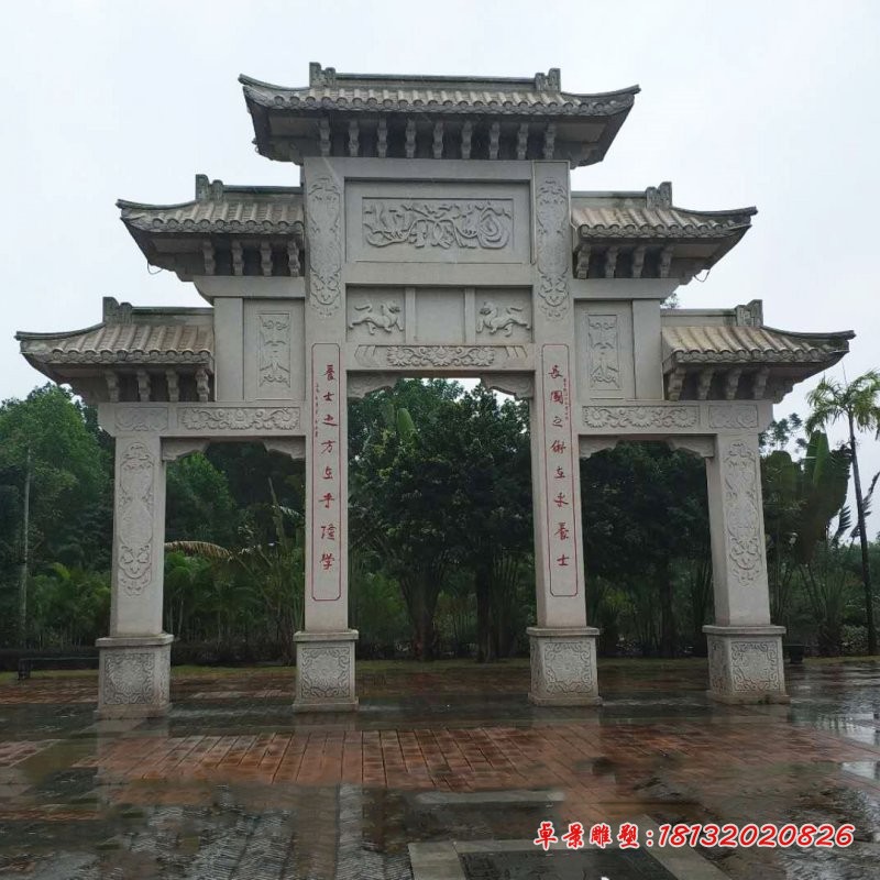 村口石牌坊三门牌坊石雕 