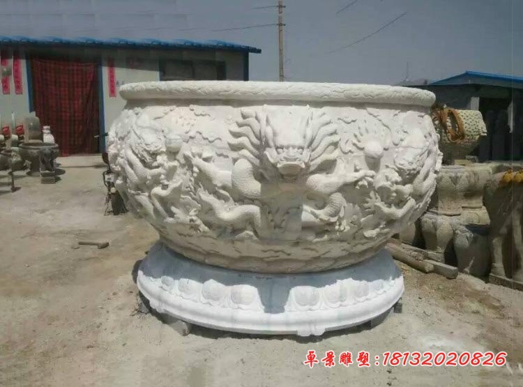 汉白玉龙浮雕水缸 公园圆形石水缸