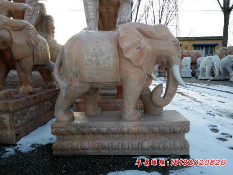 吉祥大象石雕 晚霞红大象雕塑 