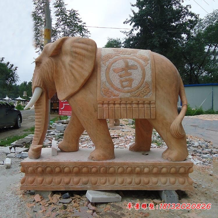 吉祥大象石雕 晚霞红大象雕塑 