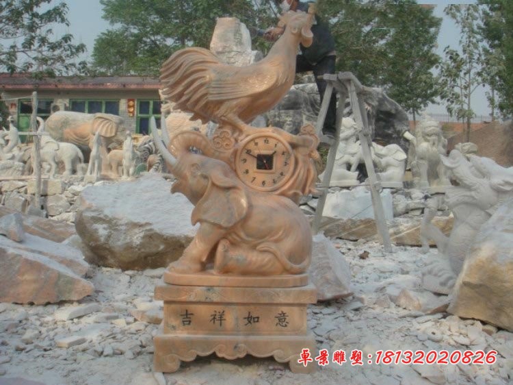 吉祥如意石雕 大象公鸡钟表石雕  公园景观石雕