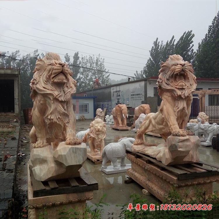 立式西洋吼狮石雕 晚霞红欧式狮子石雕