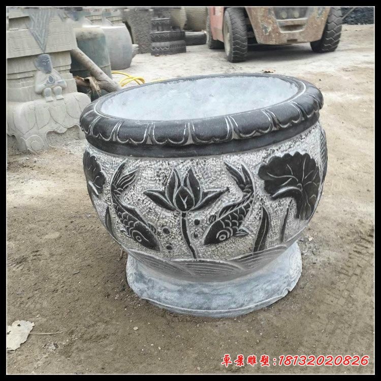 仿古莲花鲤鱼浮雕水缸