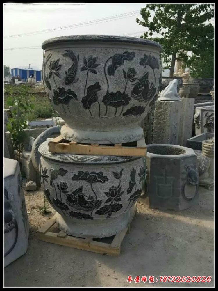 莲花鲤鱼浮雕水缸 连年有余石水缸