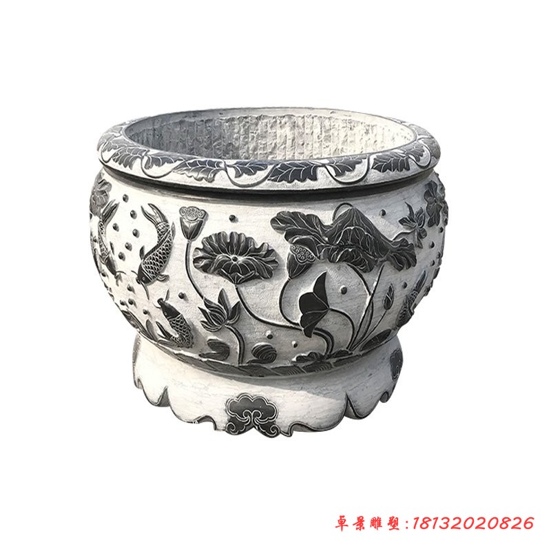 青石仿古荷花鲤鱼浮雕水缸