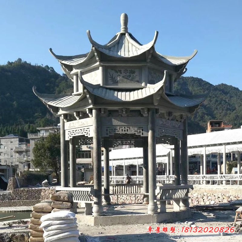 青石仿古双层八角凉亭石雕
