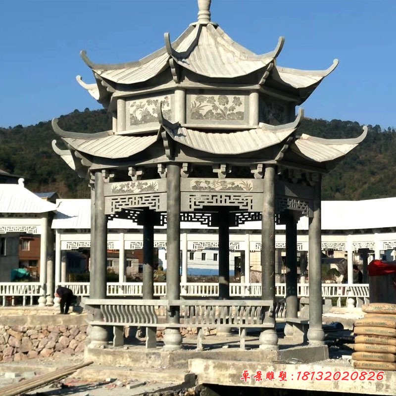 青石仿古双层八角凉亭石雕