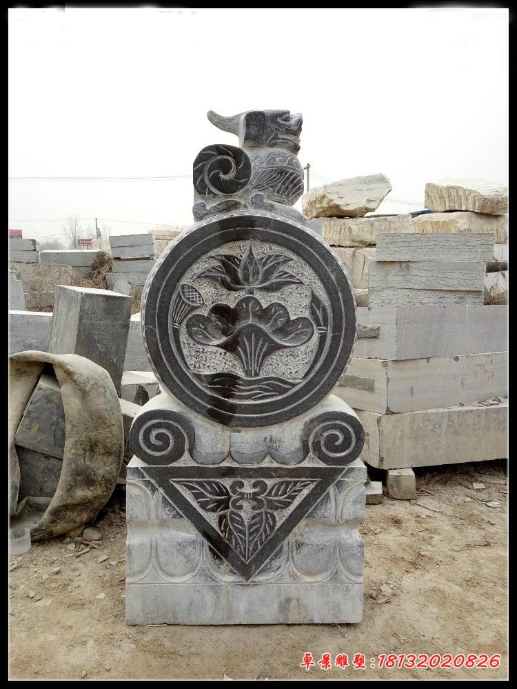 青石仿古貔貅门墩 荷花浮雕抱鼓石 