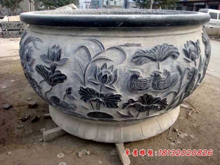 青石仿古鸳鸯浮雕水缸