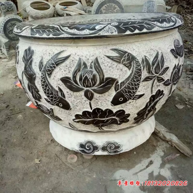 青石莲花鲤鱼浮雕水缸