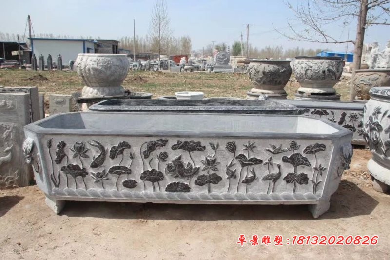 青石连年有鱼浮雕方形水缸