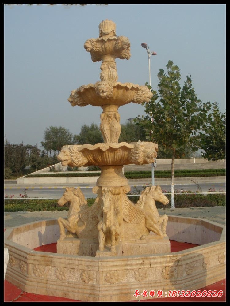 三层欧式喷泉石雕 晚霞红别墅喷泉石雕