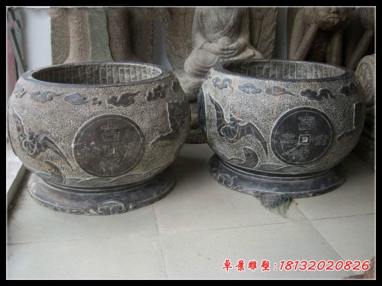 铜钱蝙蝠浮雕水缸 圆形仿古石水缸 (2)