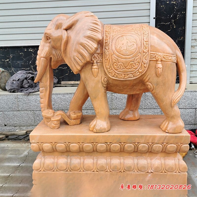 晚霞红鼻卷如意大象石雕