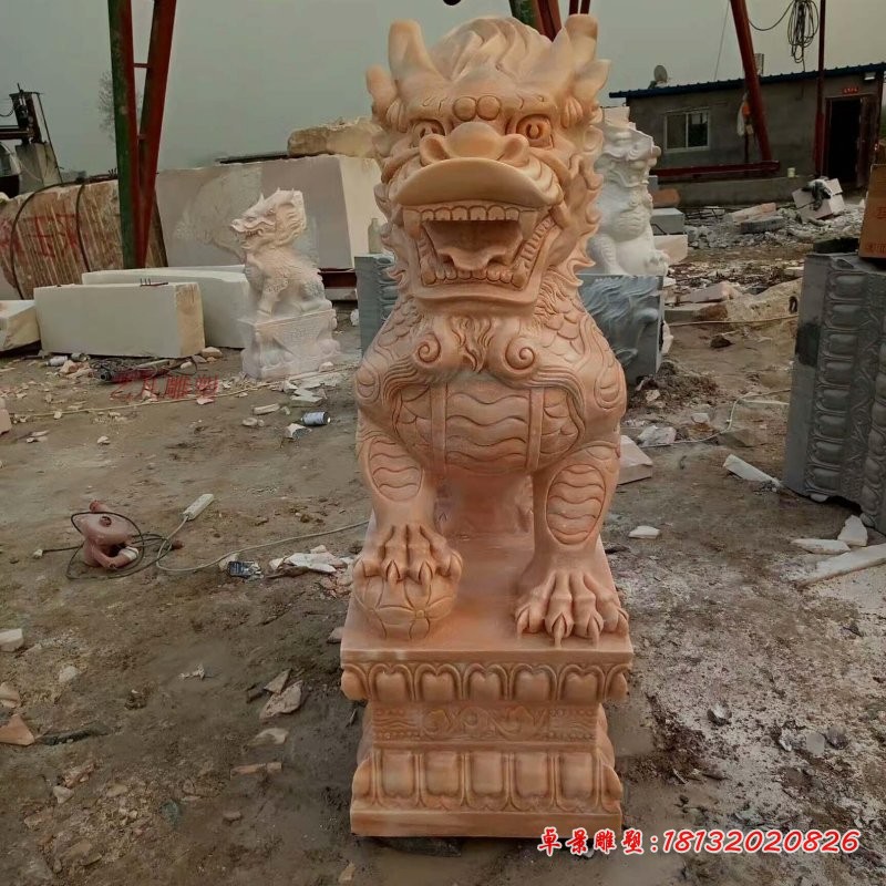 晚霞红踩球麒麟石雕