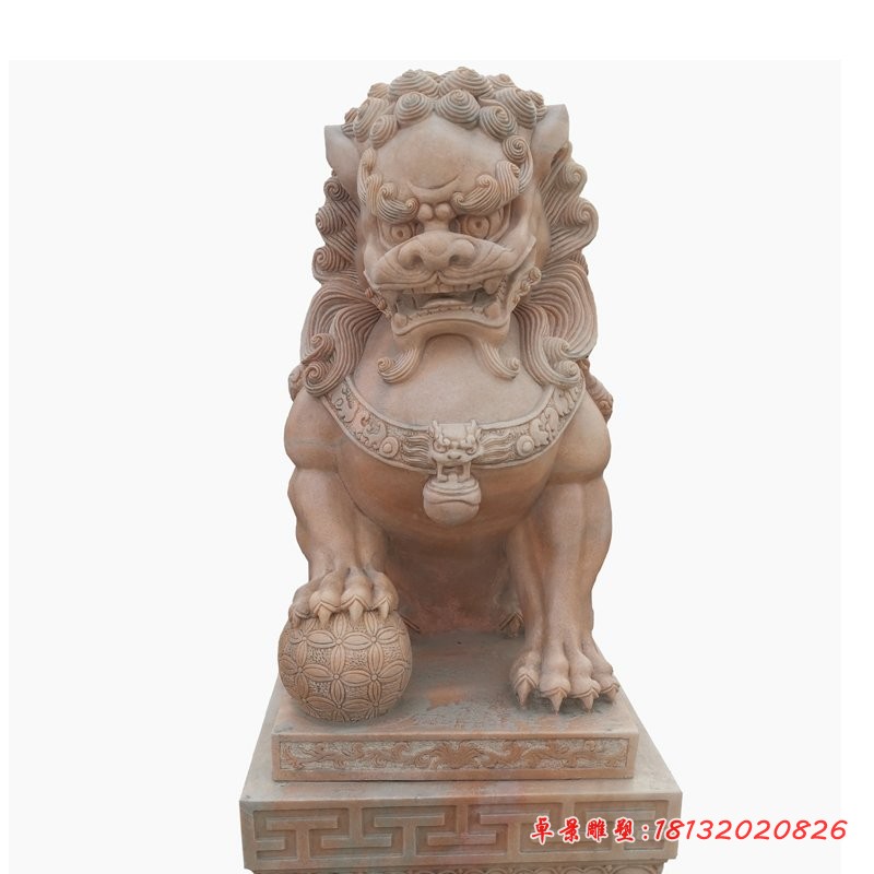 晚霞红踩球狮子雕塑