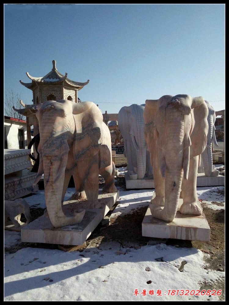 晚霞红大象石雕 企业门口镇宅招财石雕大象 (2)