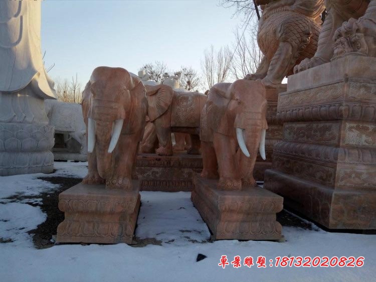 晚霞红大象石雕 镇宅石雕大象