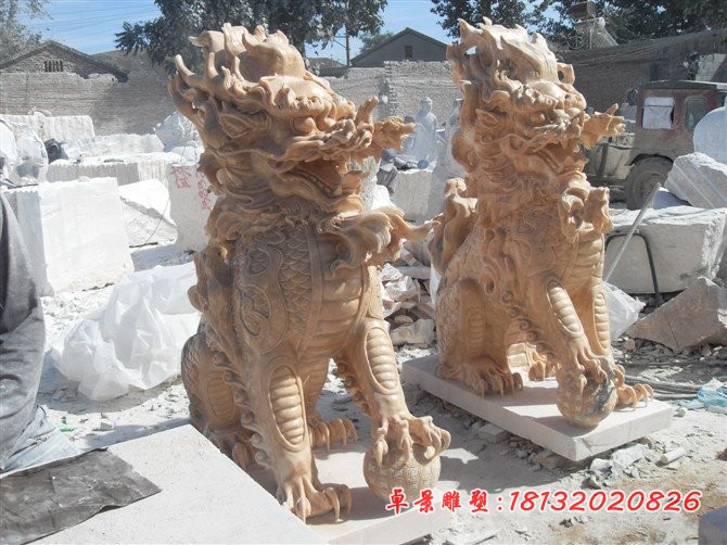 踩球麒麟石雕晚霞红神兽雕塑 (4)