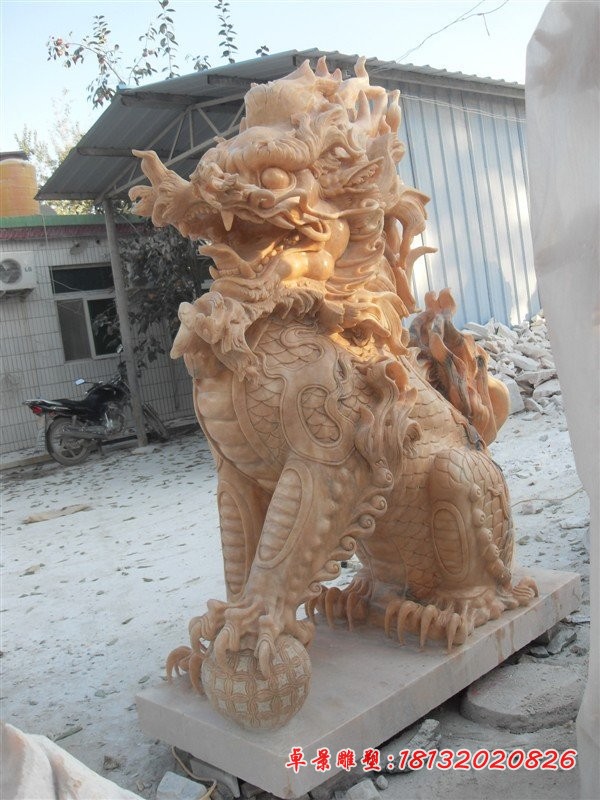 踩球麒麟石雕晚霞红神兽雕塑 (6)