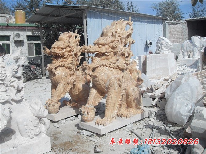 踩球麒麟石雕晚霞红神兽雕塑 (5)