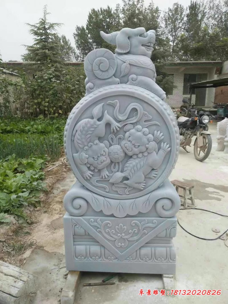 汉白玉貔貅抱鼓石雕塑 