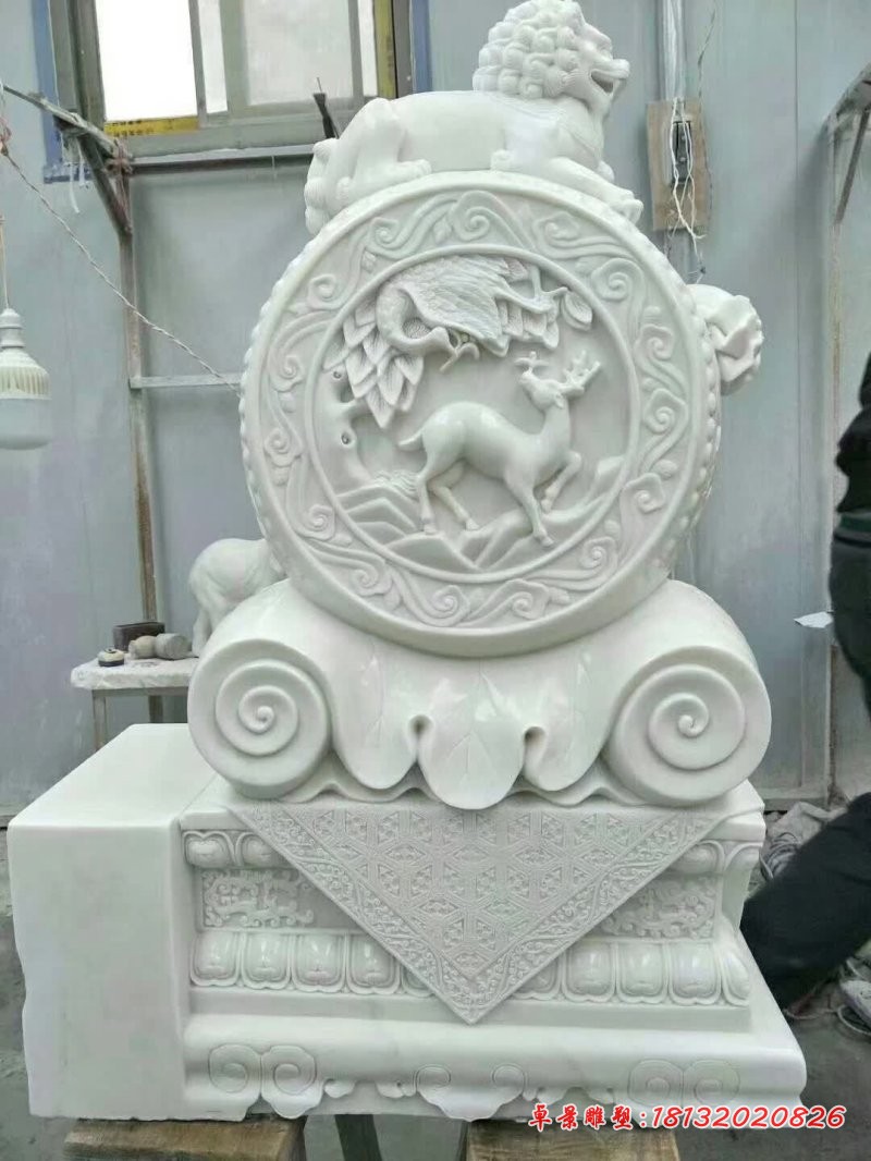 汉白玉狮子石门墩雕塑 (2)