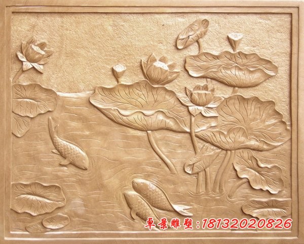 荷花浮雕晚霞红石浮雕 