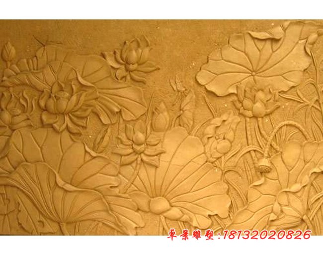 荷花浮雕晚霞红石浮雕 