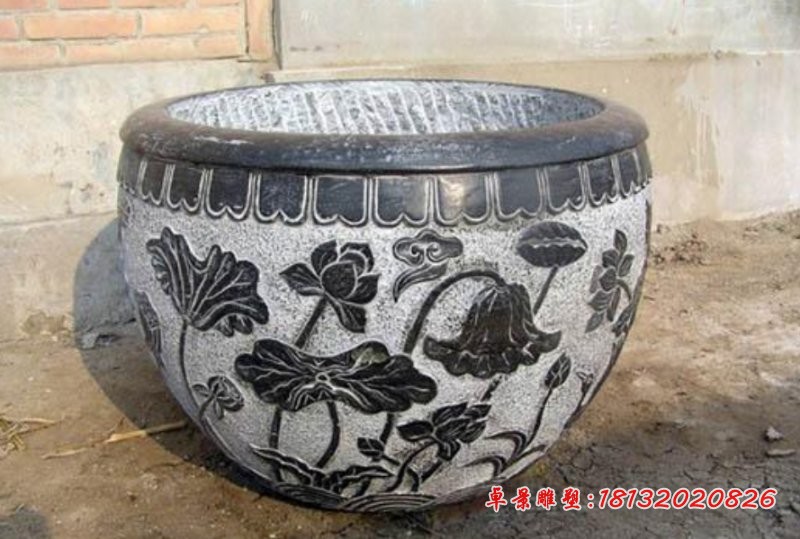 荷花水缸石雕仿古石水缸雕塑