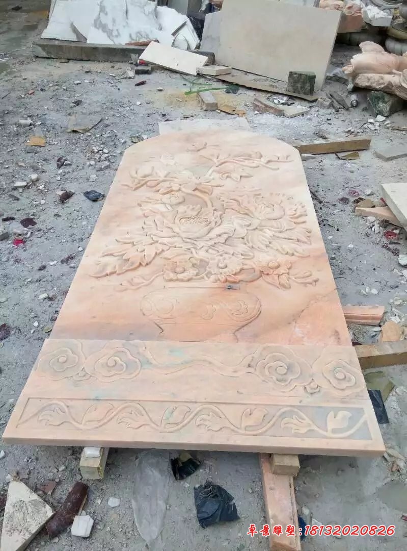 花瓶花朵石浮雕晚霞红壁画浮雕