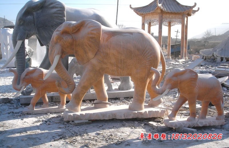 母子大象雕塑晚霞红大象石雕