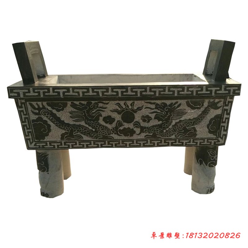 青石仿古双龙戏珠浮雕香炉石雕