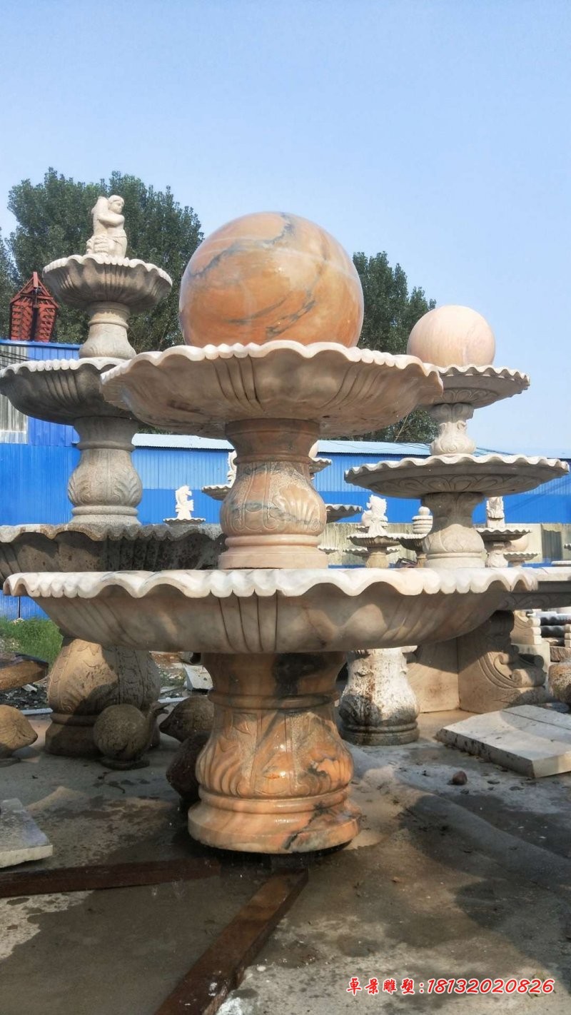 晚霞红风水球喷泉石雕