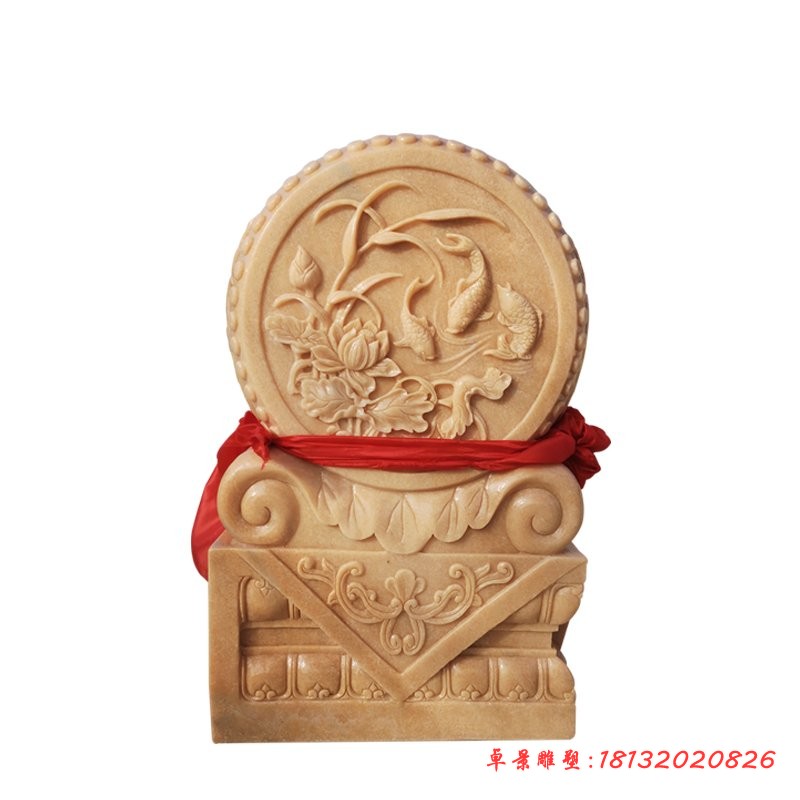 晚霞红荷花鲤鱼石浮雕抱鼓石