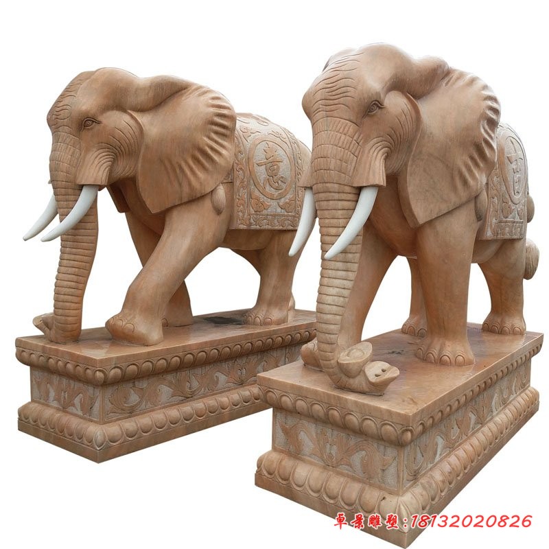 晚霞红吉祥大象石雕 