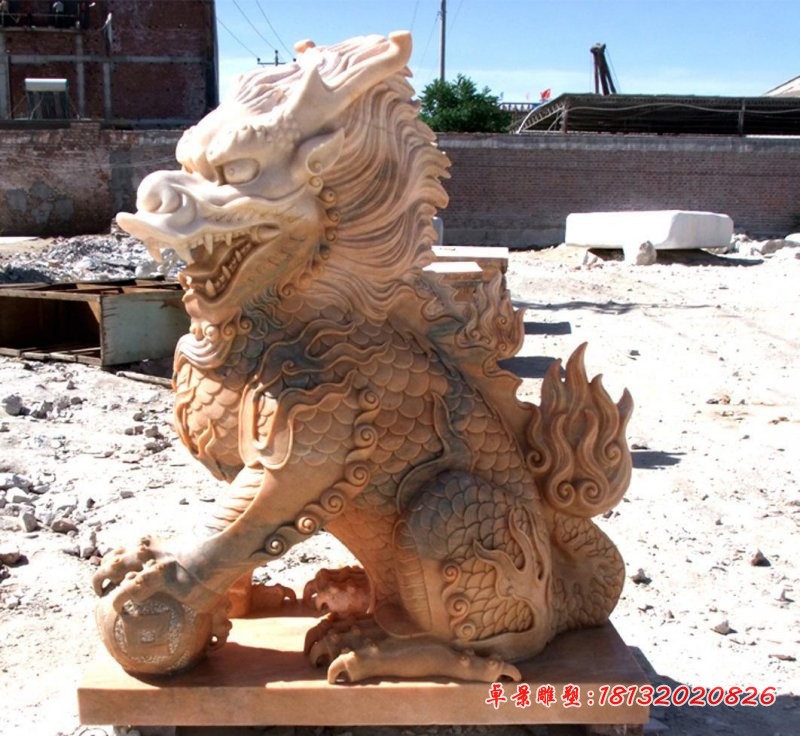 晚霞红麒麟雕塑石雕神兽