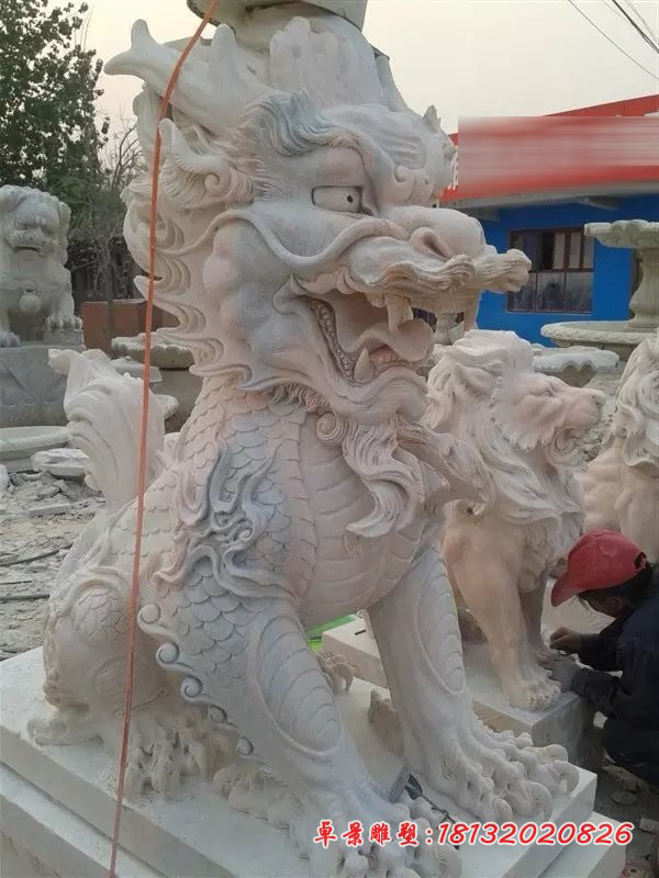 晚霞红麒麟招财瑞兽石雕 