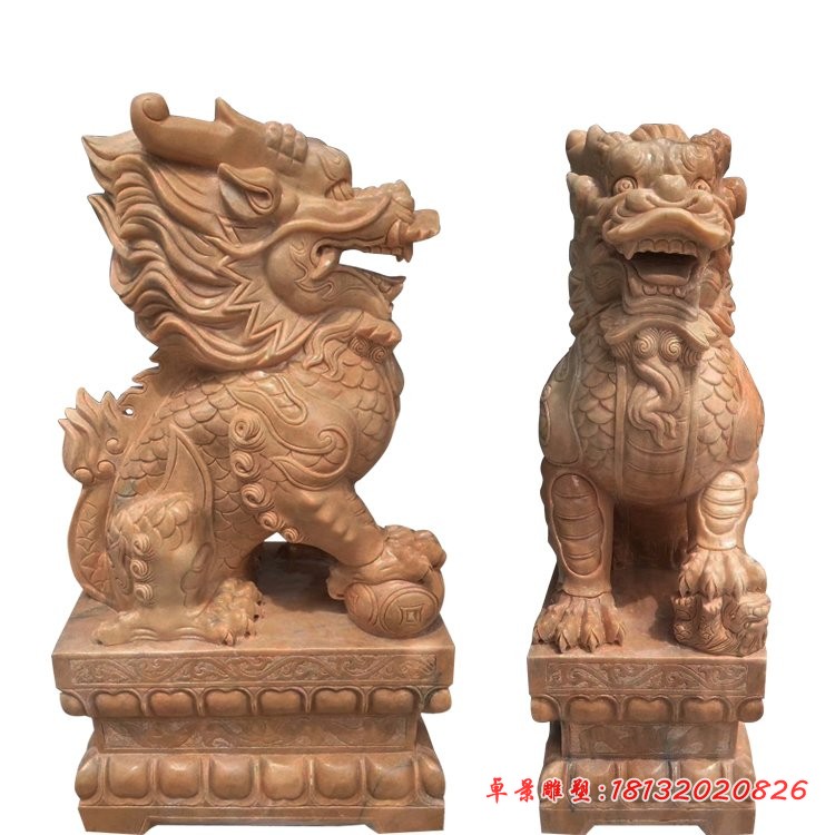 晚霞红招财麒麟石雕