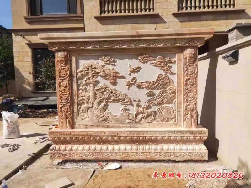 晚霞红迎客松石浮雕影壁墙雕塑