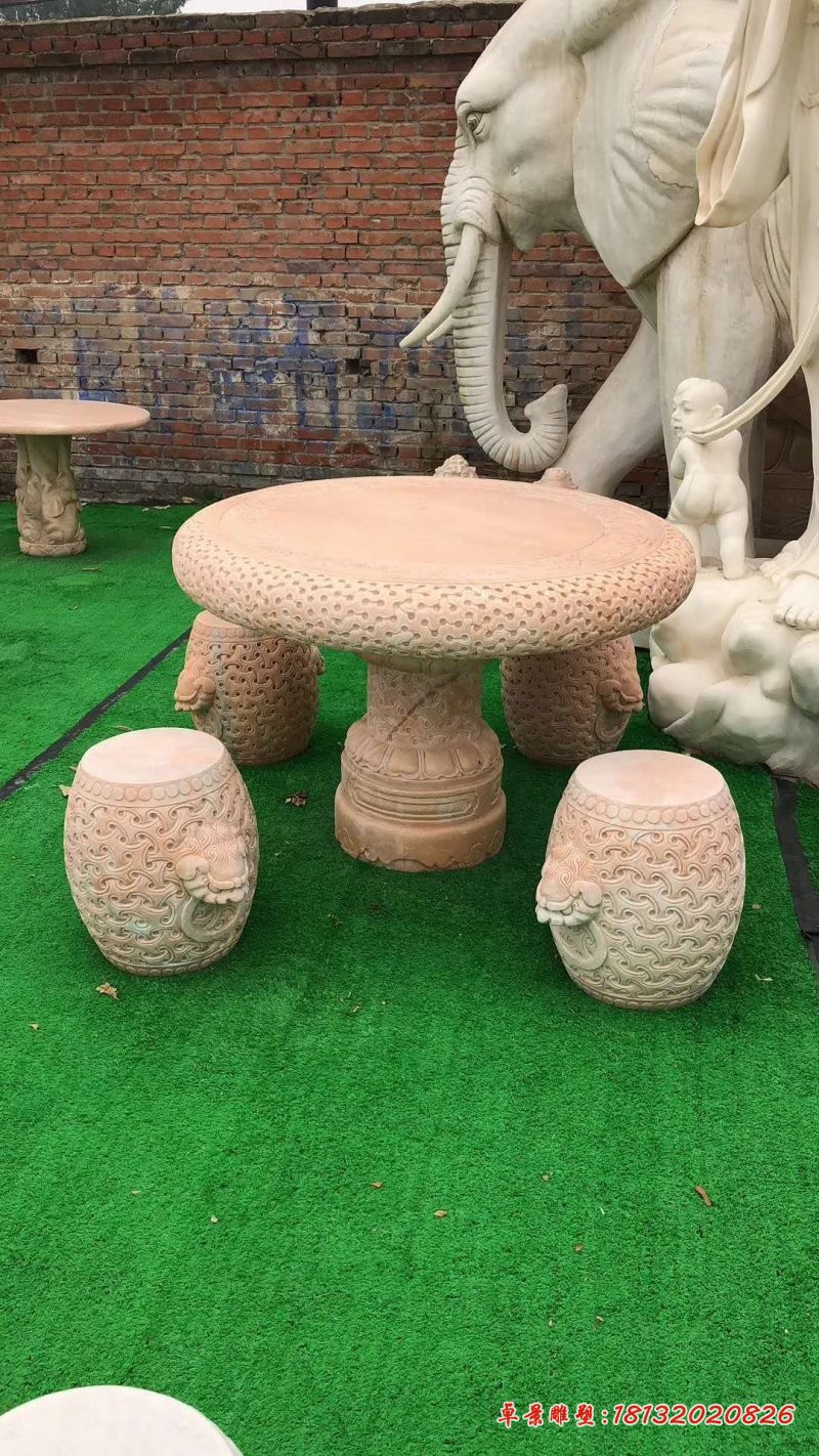 晚霞红圆形石桌凳雕塑 (2)